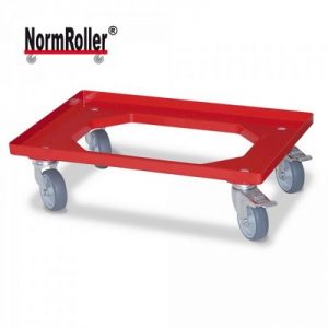 Logistik-Roller für Eurobehälter 600 x 400 mm, 4 Lenkrollen, 2 Feststellbremsen, Gummiräder grau, Farbe: rot
