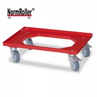 Logistik-Roller für Eurobehälter 600 x 400 mm, 4 Lenkrollen, 2 Feststellbremsen, Gummiräder grau, Farbe: rot